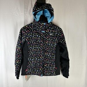 KJUS Ski Jacket Kids 9-10/140 Black Polka Dot Hooded Insulated Snow RECCO Skiing
